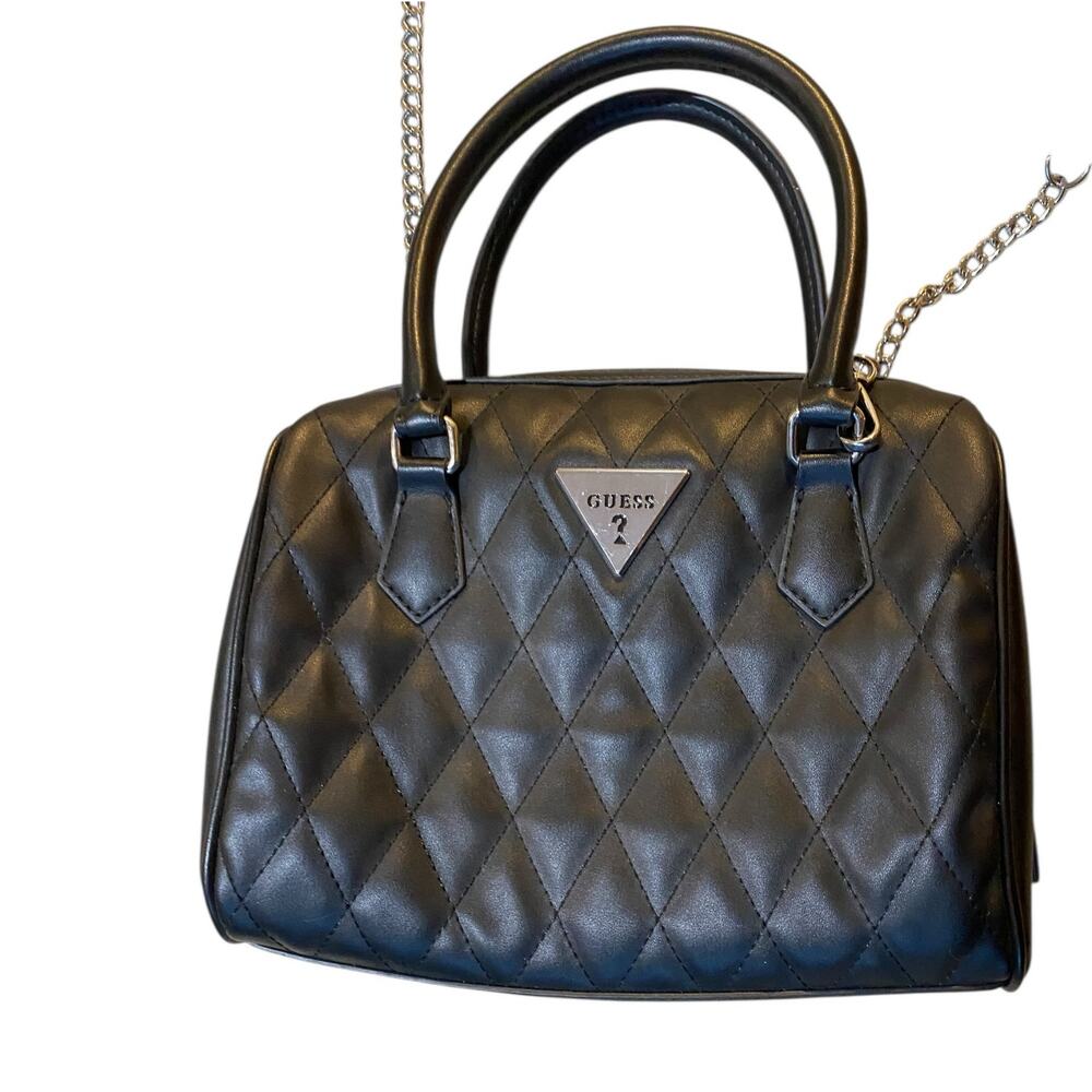 Guess Cessily Quilted Boxed Satchel Handbag Black Vegan Faux Leather Crossbody‎ - Picture 7 of 14